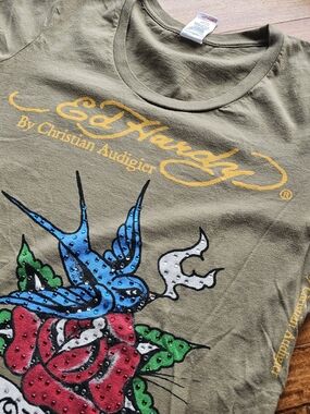 Ed Hardy Tshirt Olive Y2K Christian Audigier Tattoo Rhinostone Bulldog Tag